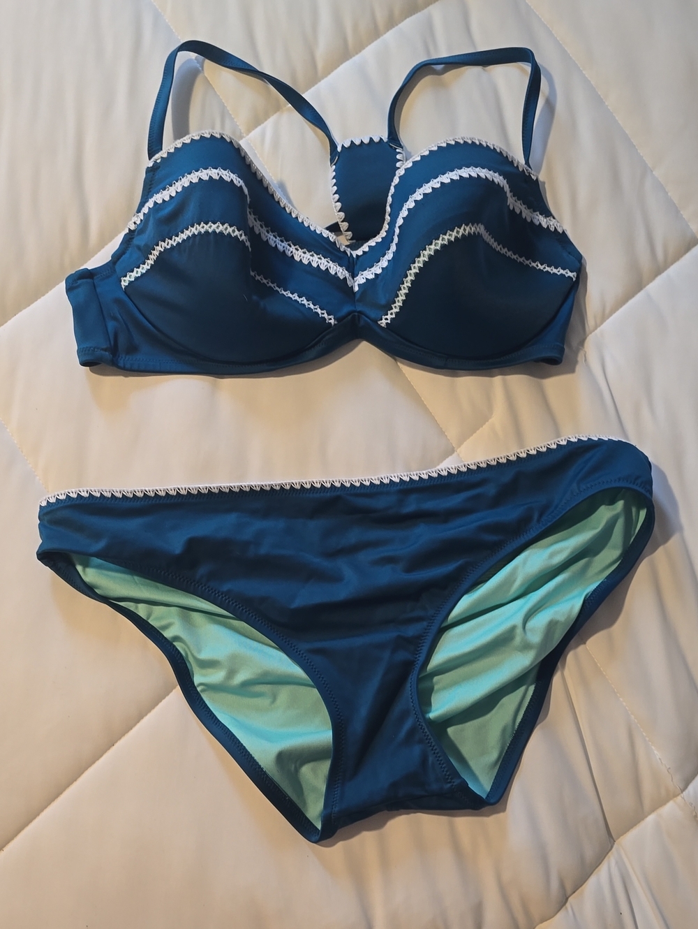 Shade & Shore Navy Blue Bikini with White Lace Trim
